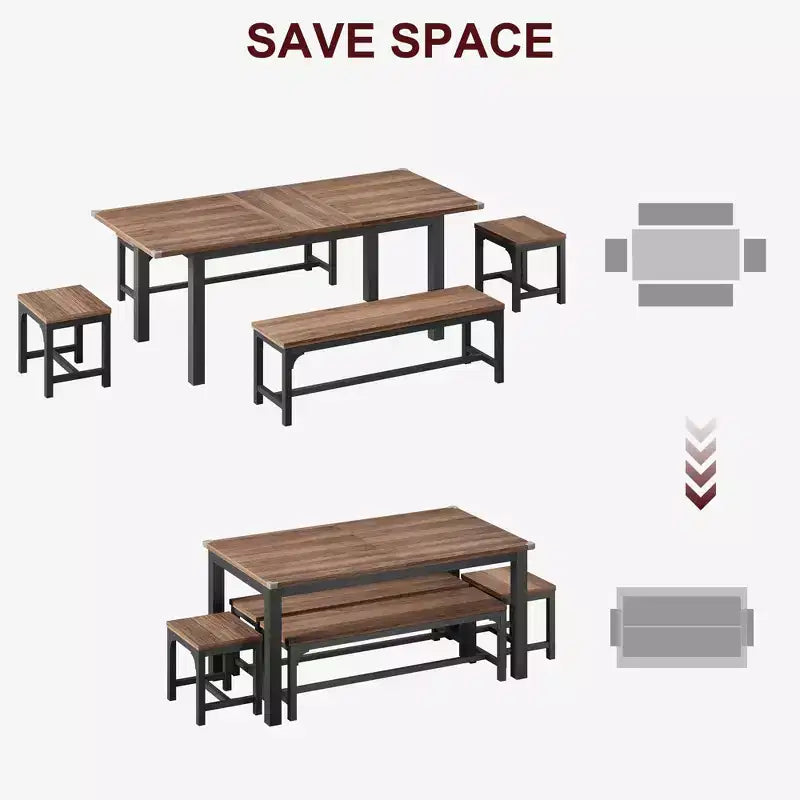 Ensemble de salle à manger 5 pièces pour 4-6 personnes, grande table de salle à manger extensible de 160 cm pour 4 personnes, table de cuisine avec bancs et tabourets
