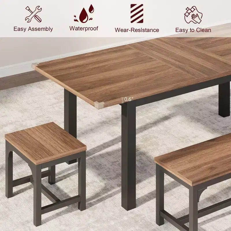 Ensemble de salle à manger 5 pièces pour 4-6 personnes, grande table de salle à manger extensible de 160 cm pour 4 personnes, table de cuisine avec bancs et tabourets
