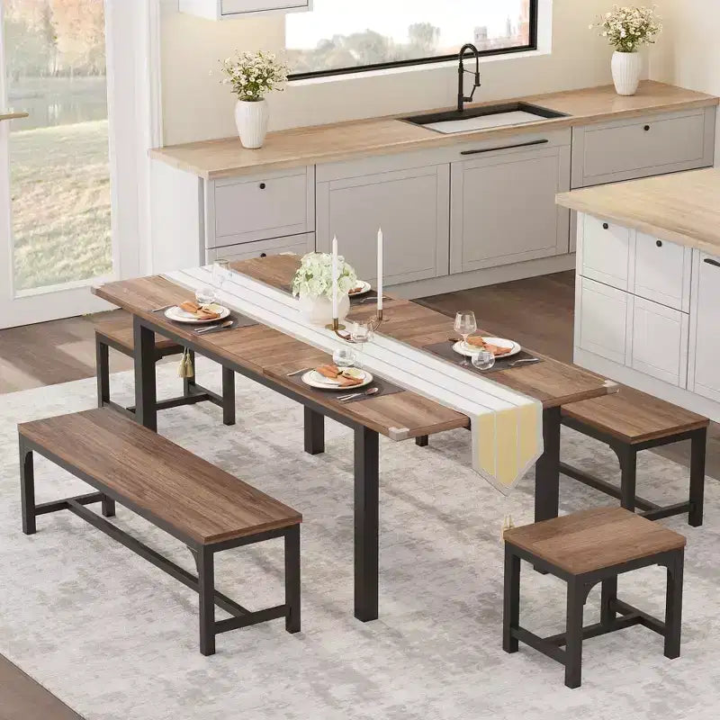 Ensemble de salle à manger 5 pièces pour 4-6 personnes, grande table de salle à manger extensible de 160 cm pour 4 personnes, table de cuisine avec bancs et tabourets