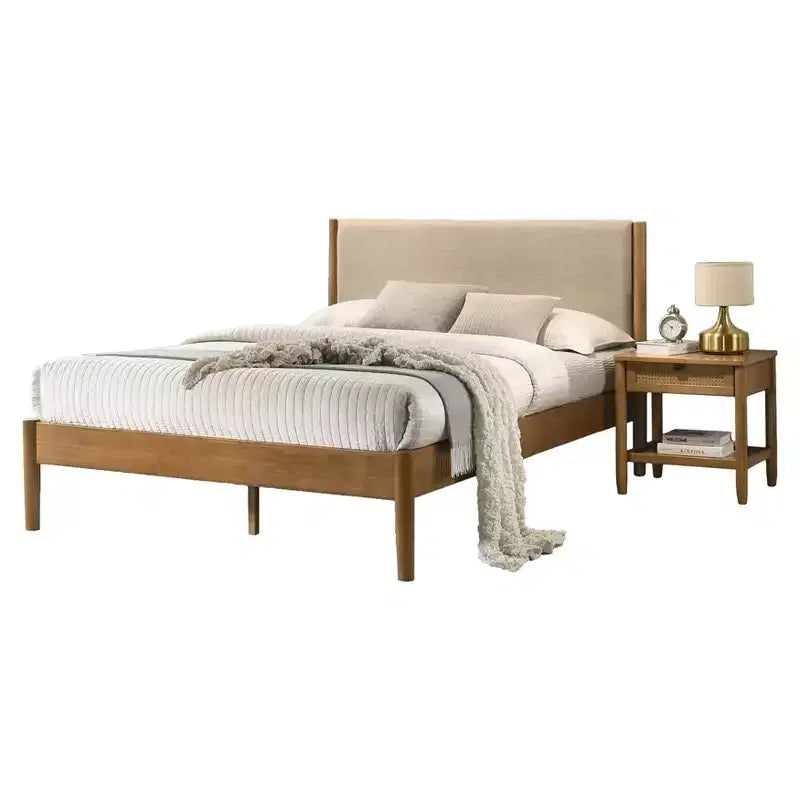 Ensemble de chambre Vichy 2 pièces en hévéa, lit plateforme avec table de chevet