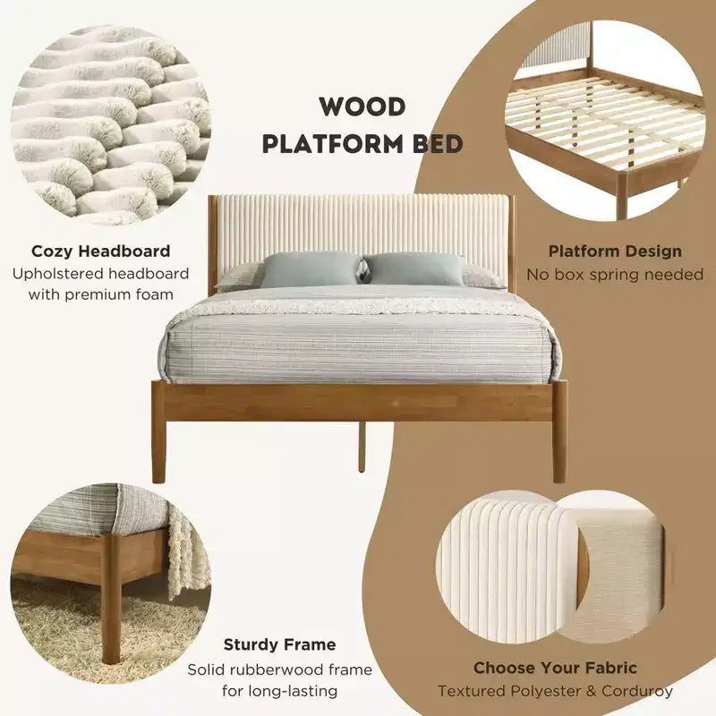 Ensemble de chambre Vichy 2 pièces en hévéa, lit plateforme avec table de chevet