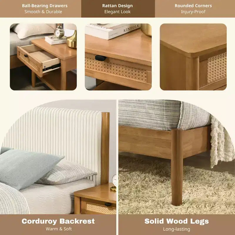 Ensemble de chambre Vichy 2 pièces en hévéa, lit plateforme avec table de chevet