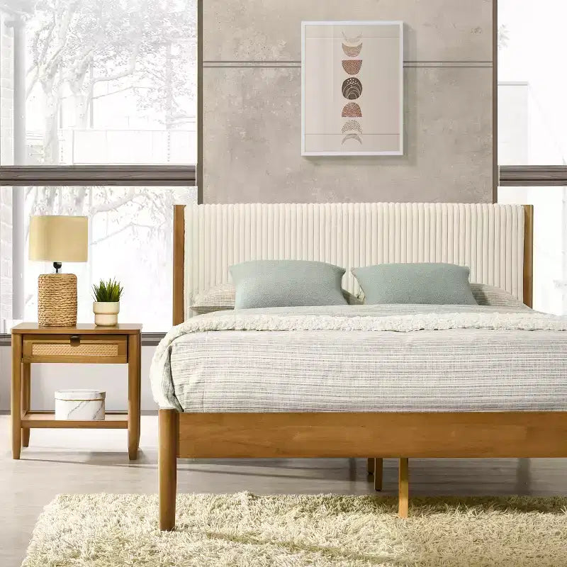 Ensemble de chambre Vichy 2 pièces en hévéa, lit plateforme avec table de chevet