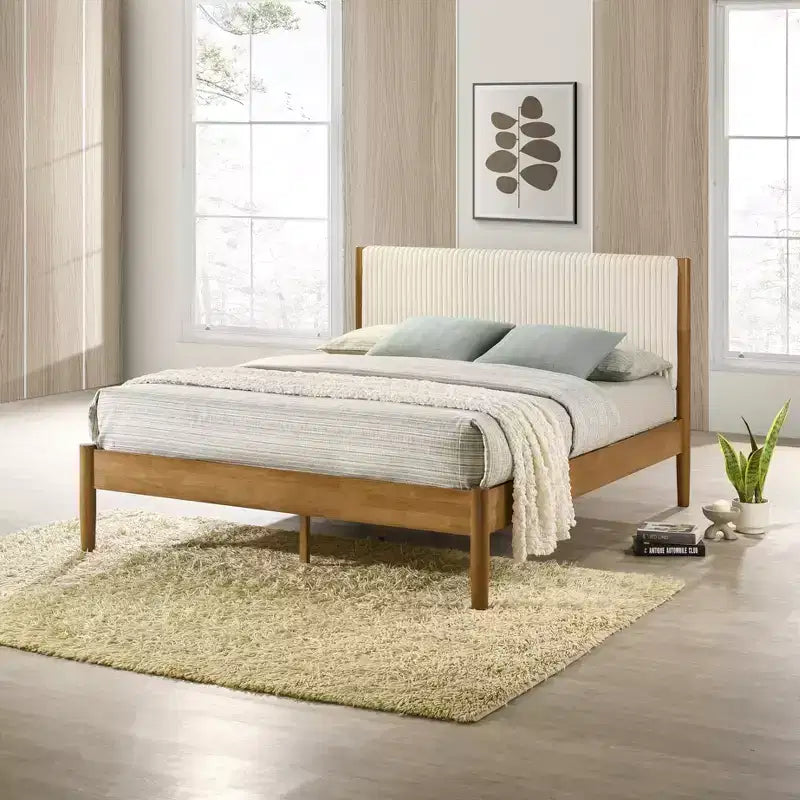 Ensemble de chambre Vichy 2 pièces en hévéa, lit plateforme avec table de chevet