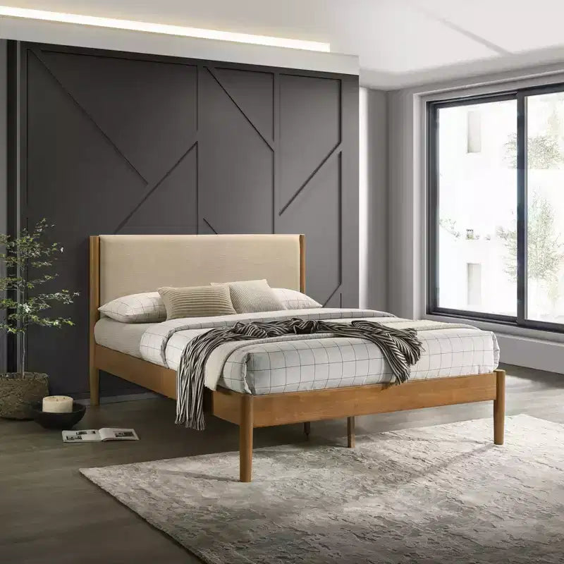 Ensemble de chambre Vichy 2 pièces en hévéa, lit plateforme avec table de chevet