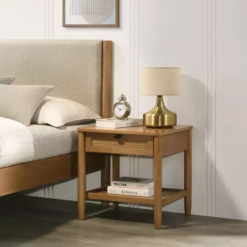 Ensemble de chambre Vichy 2 pièces en hévéa, lit plateforme avec table de chevet