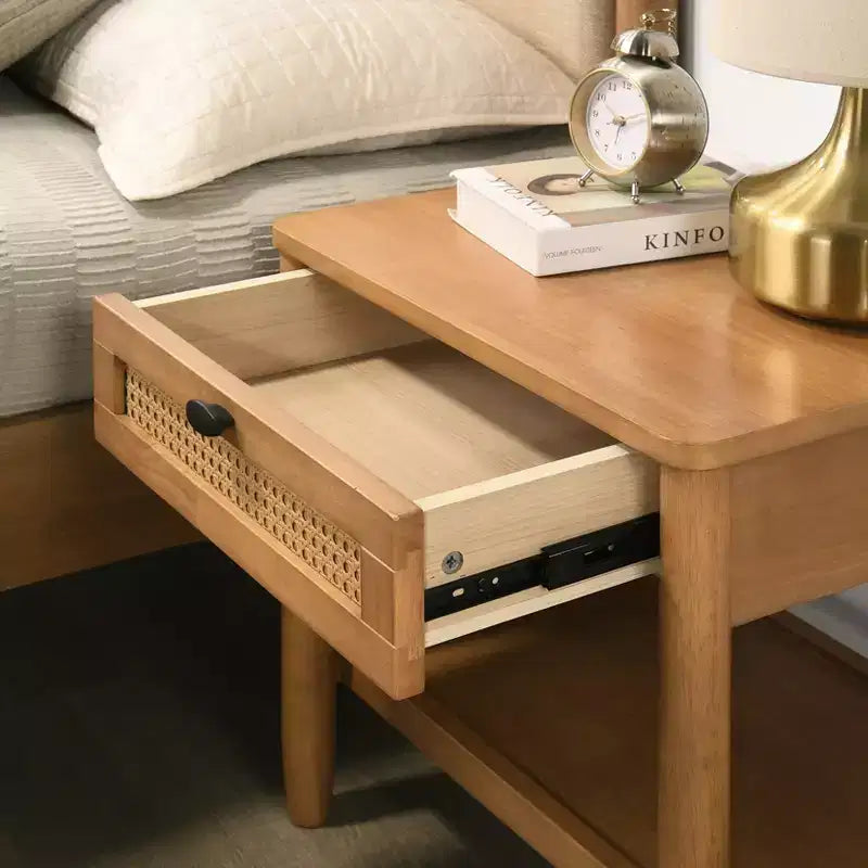 Ensemble de chambre Vichy 2 pièces en hévéa, lit plateforme avec table de chevet