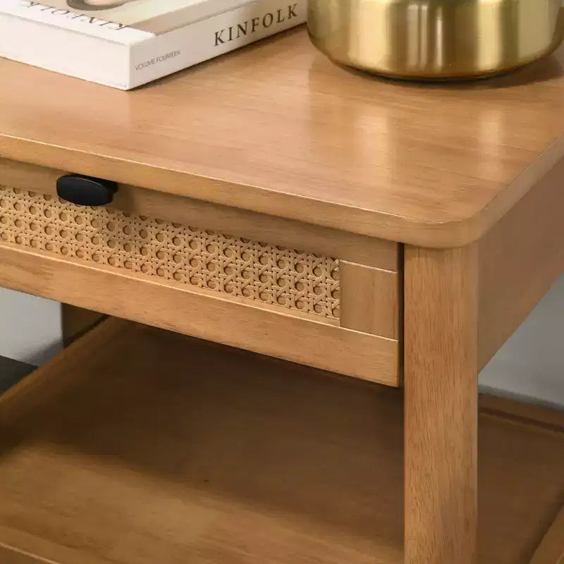 Ensemble de chambre Vichy 2 pièces en hévéa, lit plateforme avec table de chevet
