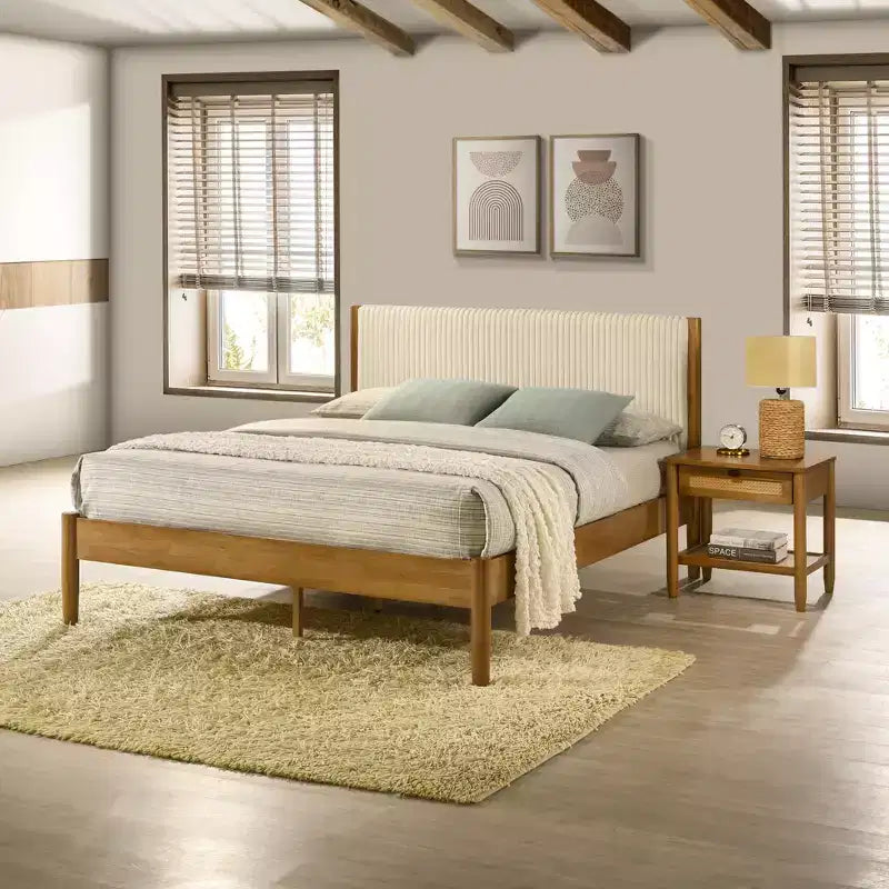 Ensemble de chambre Vichy 2 pièces en hévéa, lit plateforme avec table de chevet