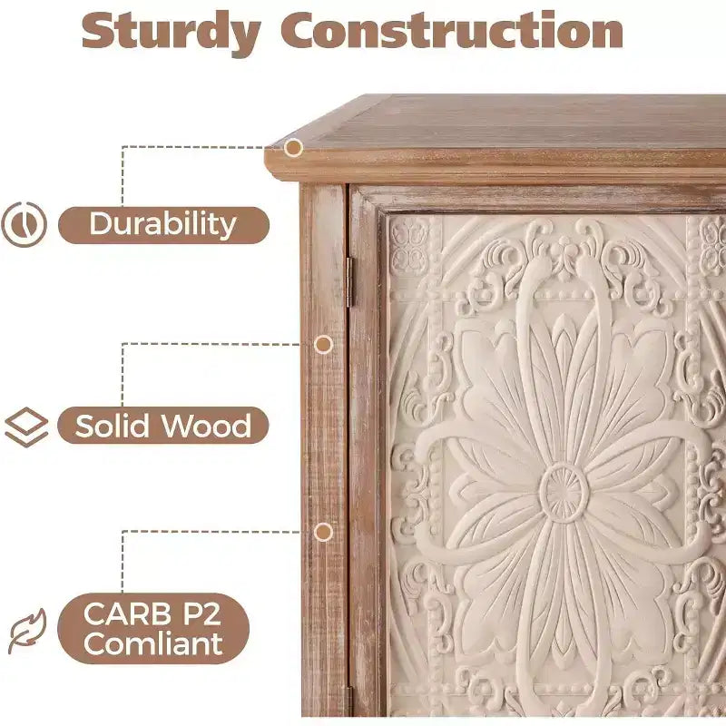 Meuble d'appoint rustique avec 3 portes sculptées, buffet d'appoint vintage avec étagères