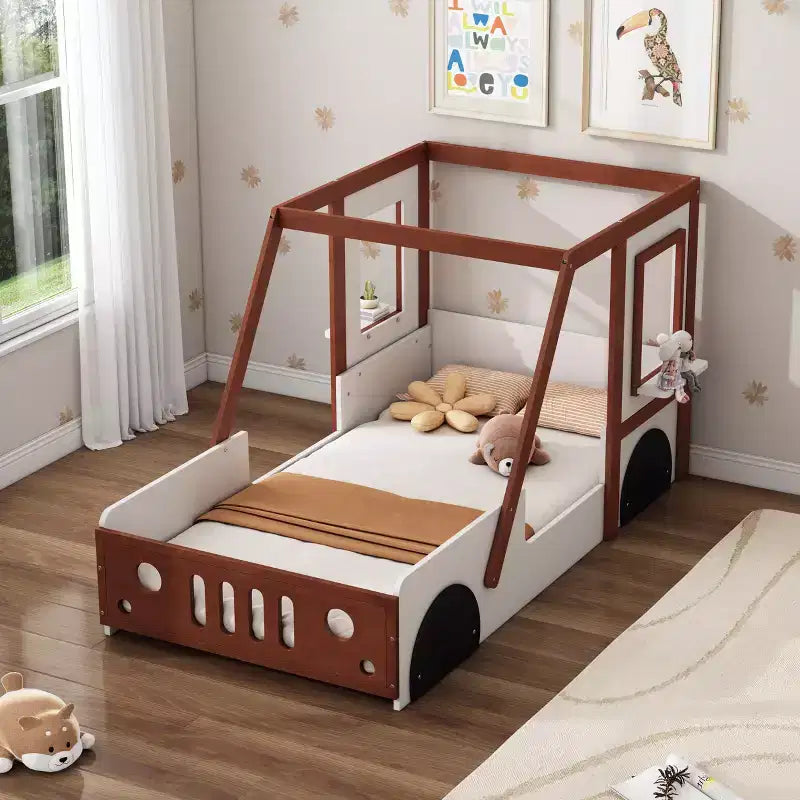 Cute Twin Size Car Bed, Twin Size Wooden Platform Bed in Car-Shaped for Boys Girls Bedroom, Orange
