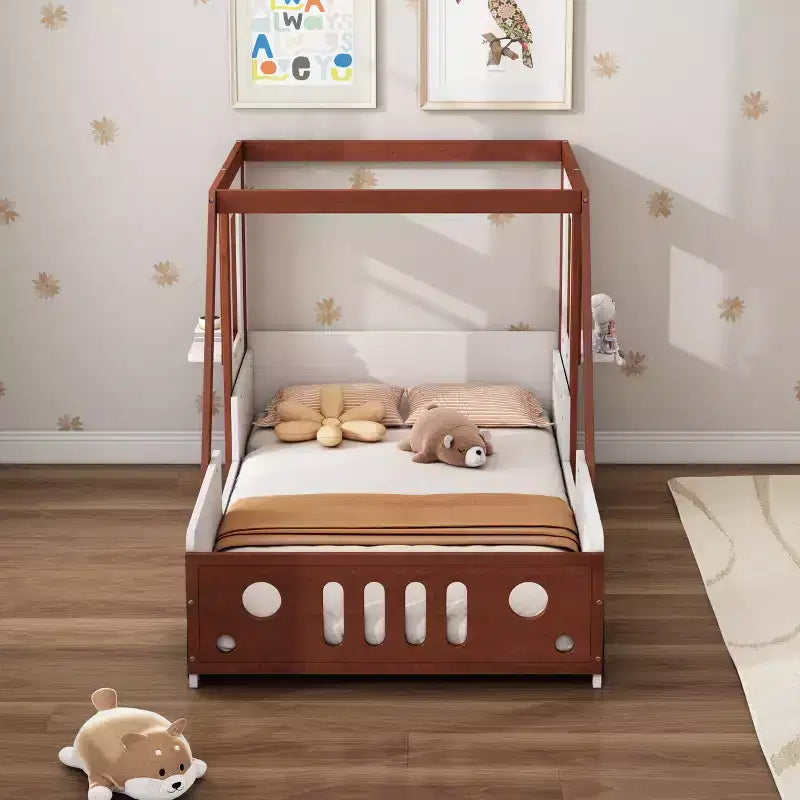 Lit de voiture mignon taille jumeau, Lit plateforme en bois taille jumeau en forme de voiture pour chambre de garçons filles, Orange