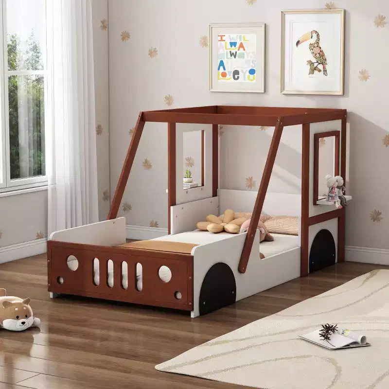 Lit de voiture mignon taille jumeau, Lit plateforme en bois taille jumeau en forme de voiture pour chambre de garçons filles, Orange