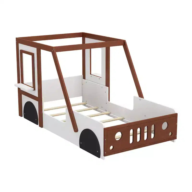 Lit de voiture mignon taille jumeau, Lit plateforme en bois taille jumeau en forme de voiture pour chambre de garçons filles, Orange