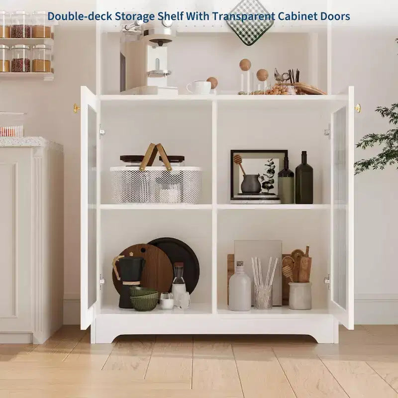 Meuble garde-manger haut de 180 cm avec 2 portes vitrées, armoire de rangement de cuisine sur pied avec 7 blocs de rangement et étagères réglables