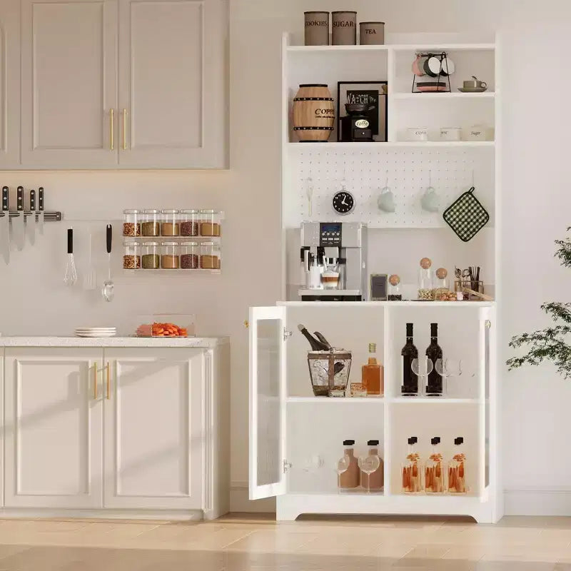 Meuble garde-manger haut de 180 cm avec 2 portes vitrées, armoire de rangement de cuisine sur pied avec 7 blocs de rangement et étagères réglables