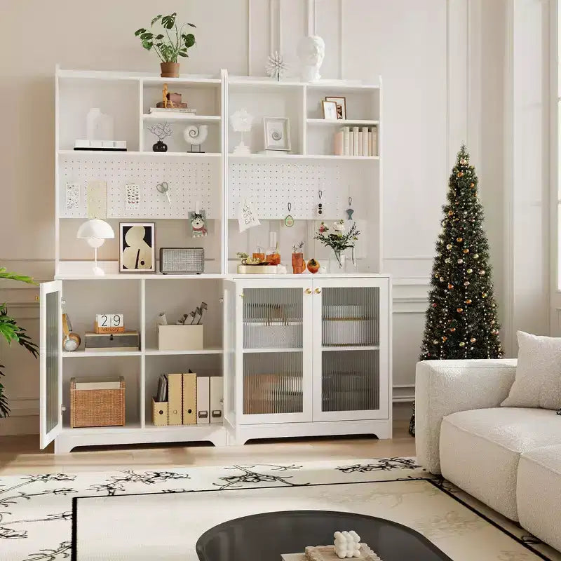 Meuble garde-manger haut de 180 cm avec 2 portes vitrées, armoire de rangement de cuisine sur pied avec 7 blocs de rangement et étagères réglables