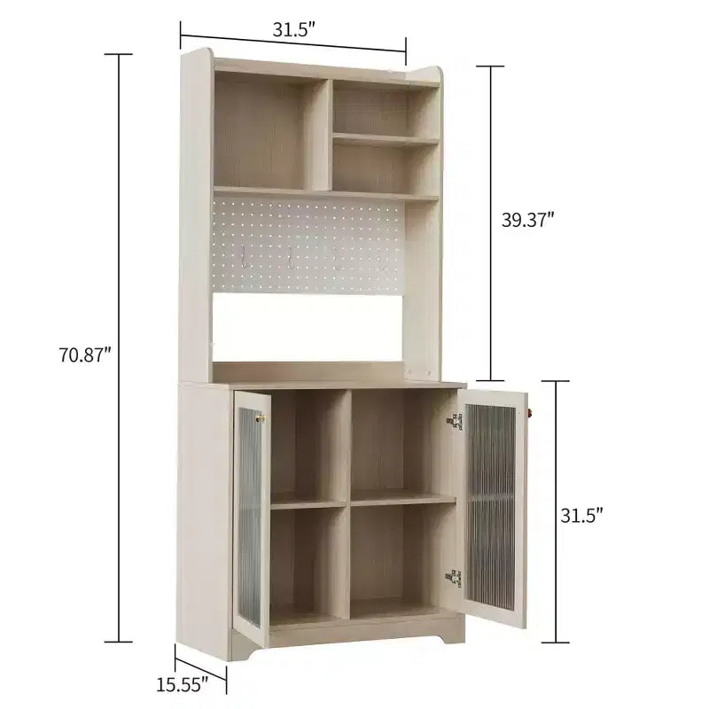 Meuble garde-manger haut de 180 cm avec 2 portes vitrées, armoire de rangement de cuisine sur pied avec 7 blocs de rangement et étagères réglables