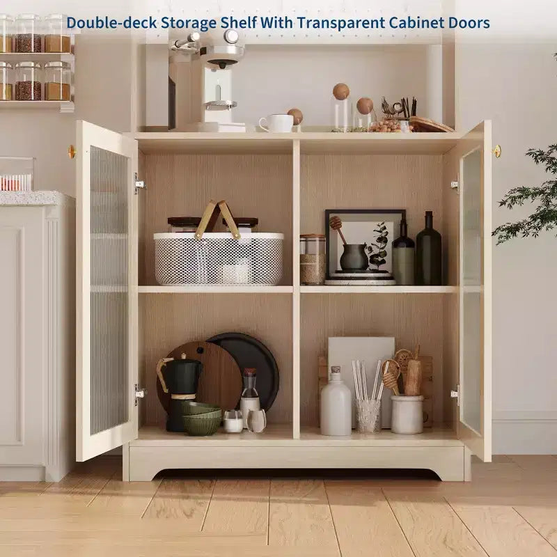 Meuble garde-manger haut de 180 cm avec 2 portes vitrées, armoire de rangement de cuisine sur pied avec 7 blocs de rangement et étagères réglables