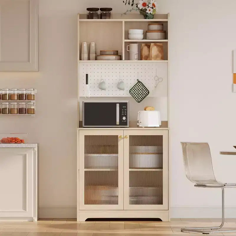 Meuble garde-manger haut de 180 cm avec 2 portes vitrées, armoire de rangement de cuisine sur pied avec 7 blocs de rangement et étagères réglables
