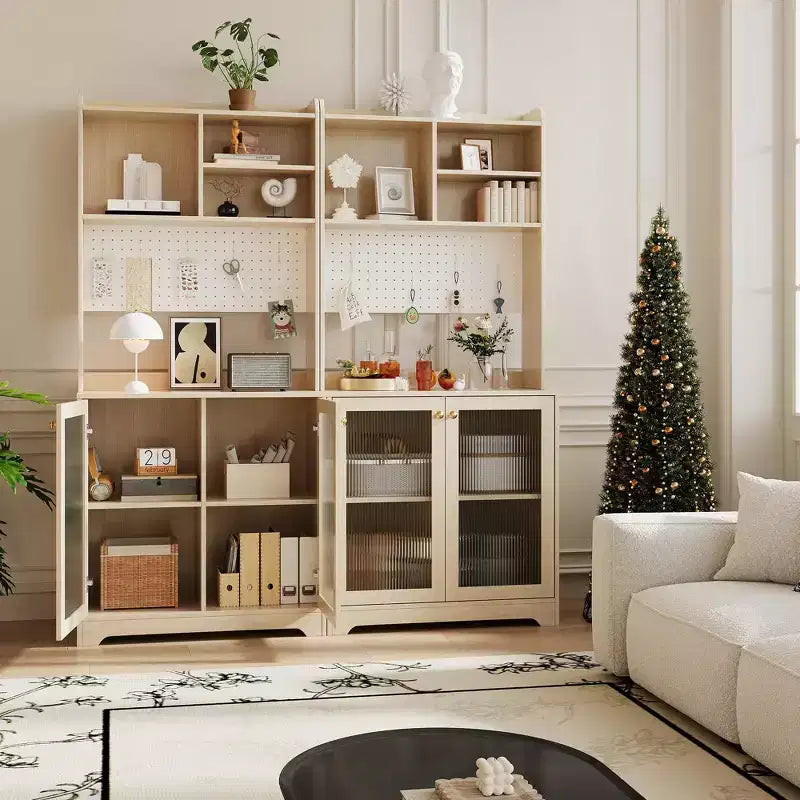 Meuble garde-manger haut de 180 cm avec 2 portes vitrées, armoire de rangement de cuisine sur pied avec 7 blocs de rangement et étagères réglables