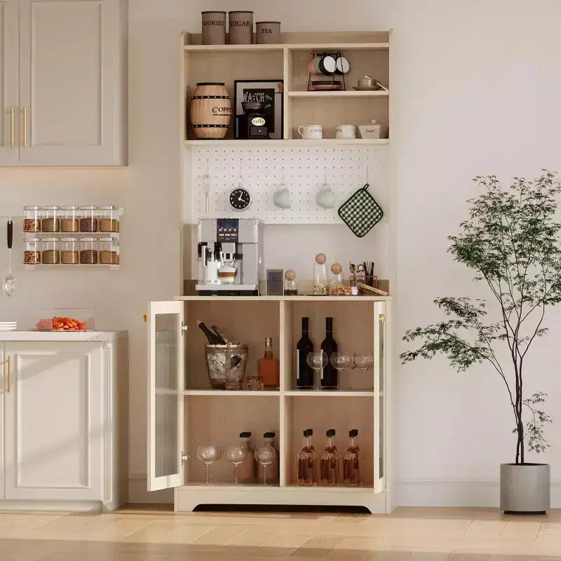 GustoWave 71 Tall Pantry Cabinet with 2 Glass Doors, Freestanding Kitchen Storage Cabinet with 7 Storage Blocks & Adjustable Shelves