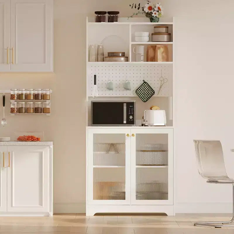 Meuble garde-manger haut de 180 cm avec 2 portes vitrées, armoire de rangement de cuisine sur pied avec 7 blocs de rangement et étagères réglables