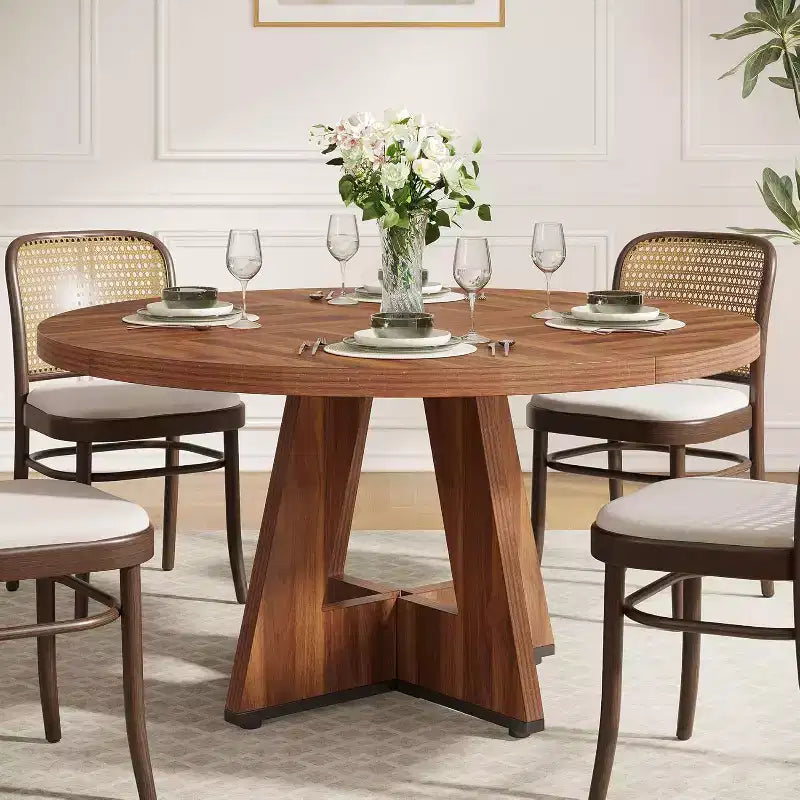 Lantine 47-Inch Round Dining Table for 4, Farmhouse Circle Kitchen Table with Wooden Pedestal Base for Kitchen, Dining Room, Living Room, Brown