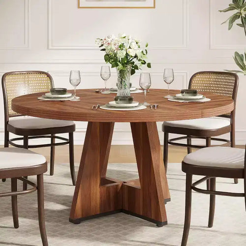 Lantine 47-Inch Round Dining Table for 4, Farmhouse Circle Kitchen Table with Wooden Pedestal Base for Kitchen, Dining Room, Living Room, Brown