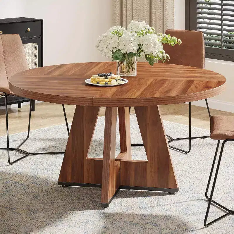 Table à manger ronde de 47 pouces pour 4 personnes, table de cuisine circulaire de style ferme avec base piédestal en bois pour cuisine, salle à manger, salon, marron