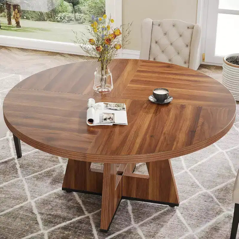 Table à manger ronde de 47 pouces pour 4 personnes, table de cuisine circulaire de style ferme avec base piédestal en bois pour cuisine, salle à manger, salon, marron