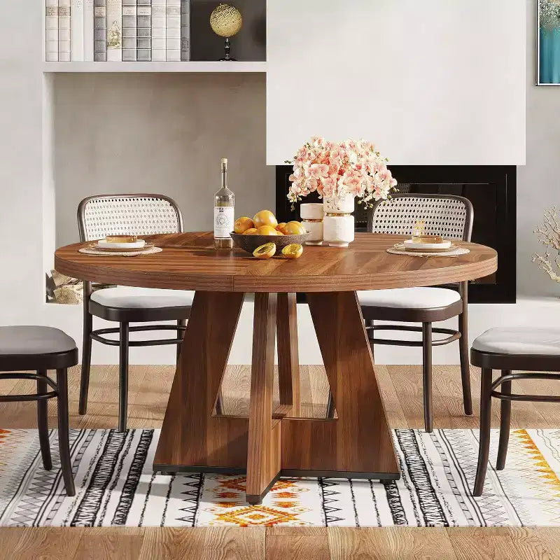 Table à manger ronde de 47 pouces pour 4 personnes, table de cuisine circulaire de style ferme avec base piédestal en bois pour cuisine, salle à manger, salon, marron