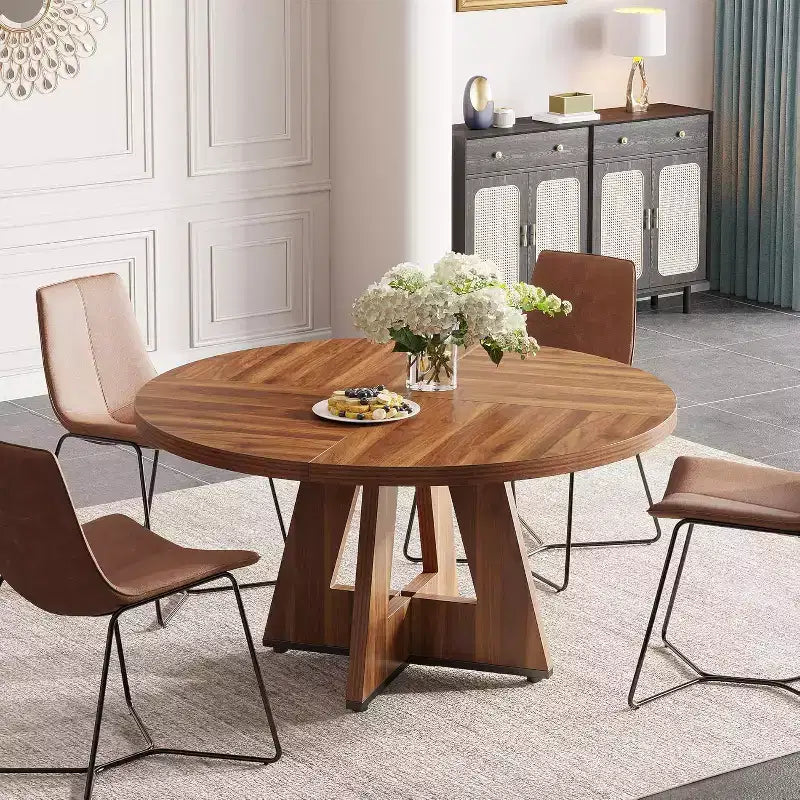 Table à manger ronde de 47 pouces pour 4 personnes, table de cuisine circulaire de style ferme avec base piédestal en bois pour cuisine, salle à manger, salon, marron
