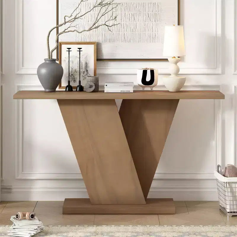 Console d'entrée V-Base, table de couloir d'appoint, table basse fine avec placage en bois naturel, polyvalence classique