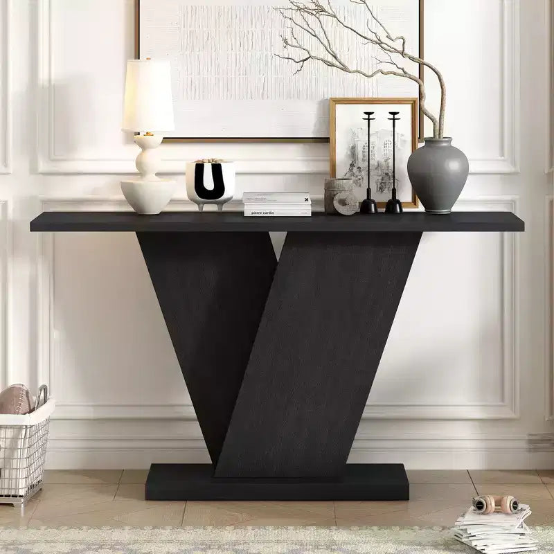 Console d'entrée V-Base, table de couloir d'appoint, table basse fine avec placage en bois naturel, polyvalence classique