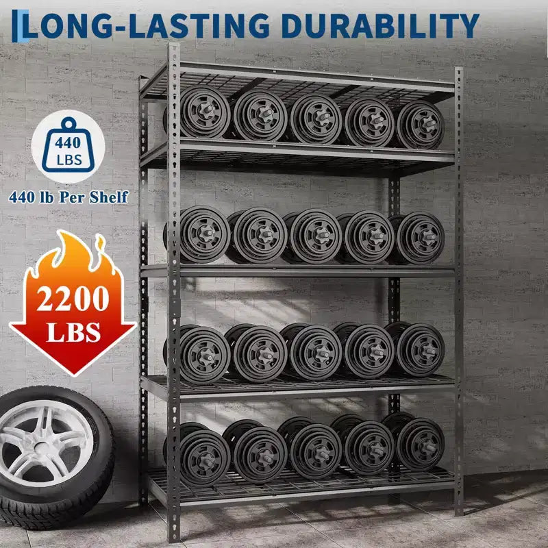 Étagère de garage métallique robuste à 5 niveaux, capacité de 1000 kg - Réglable pour rangement, garage et sous-sol