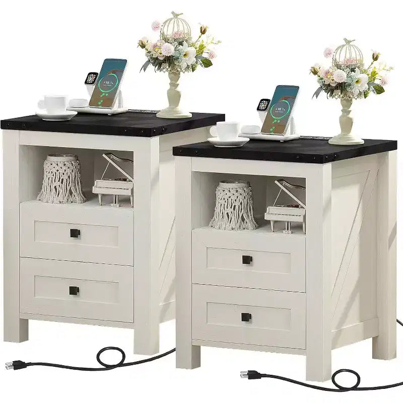 BALHAM TRADE-Farmhouse Nightstand Set of 2 with USB Charging with 2 Drawers Open Shelf Storage