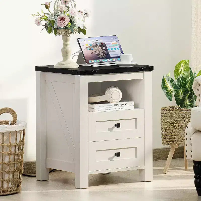 Tables de Chevet de Ferme, Lot de 2 avec Port USB, 2 Tiroirs et Étagère Ouverte
