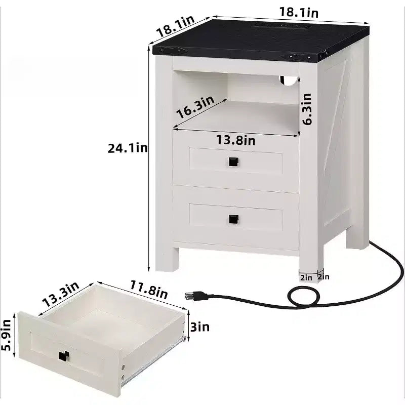 Tables de Chevet de Ferme, Lot de 2 avec Port USB, 2 Tiroirs et Étagère Ouverte