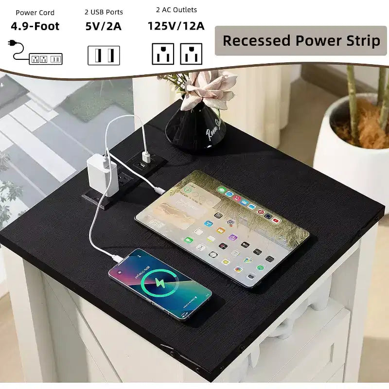 Tables de Chevet de Ferme, Lot de 2 avec Port USB, 2 Tiroirs et Étagère Ouverte