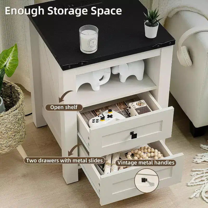 Tables de Chevet de Ferme, Lot de 2 avec Port USB, 2 Tiroirs et Étagère Ouverte