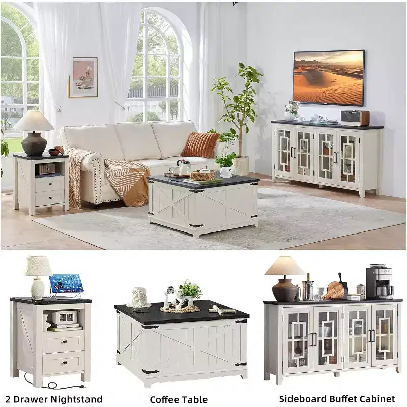 Tables de Chevet de Ferme, Lot de 2 avec Port USB, 2 Tiroirs et Étagère Ouverte