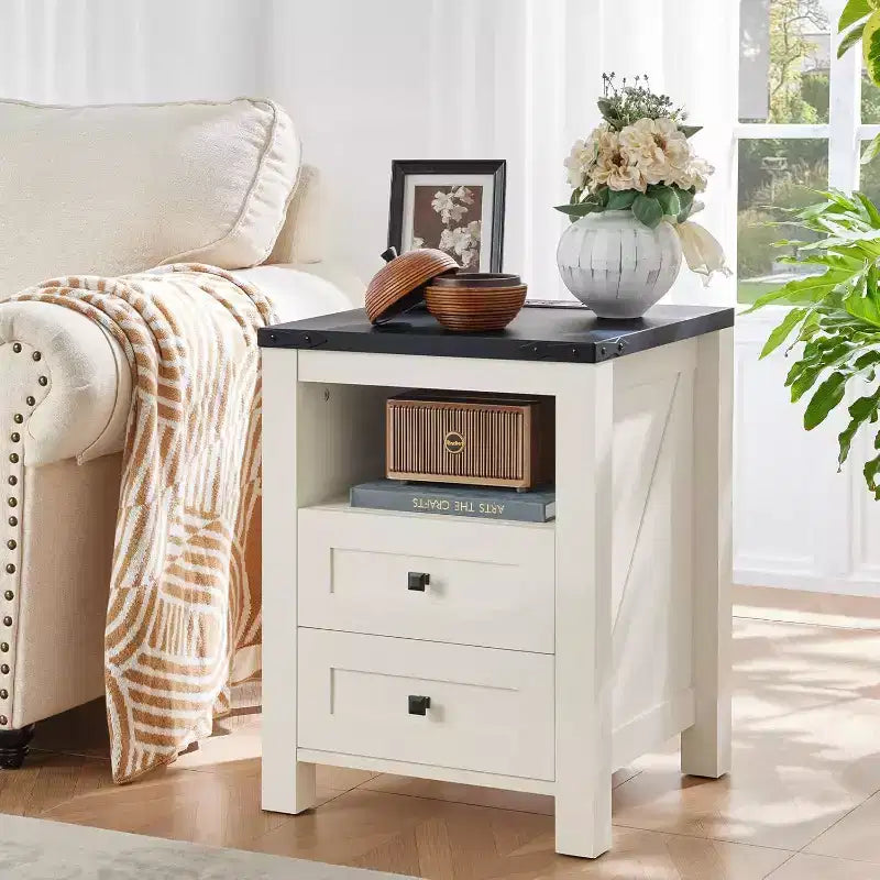 Tables de Chevet de Ferme, Lot de 2 avec Port USB, 2 Tiroirs et Étagère Ouverte