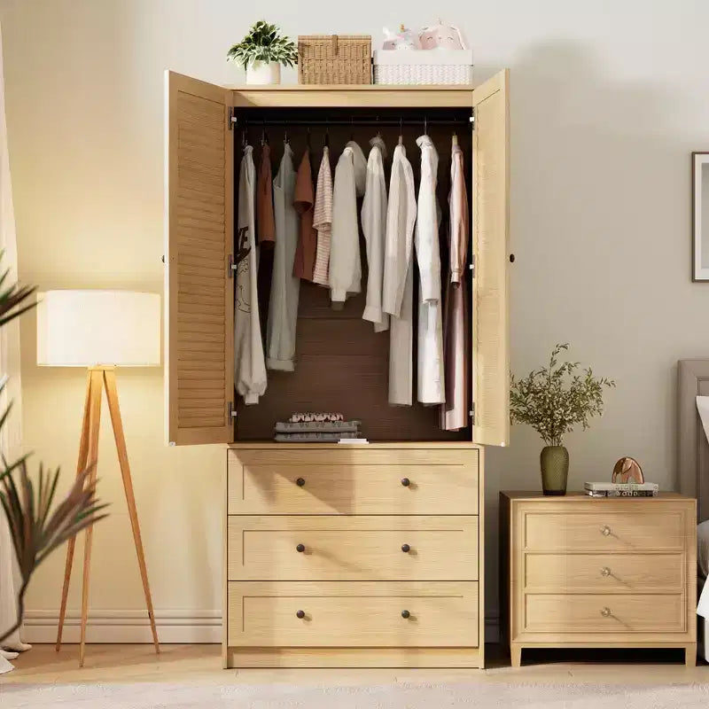 Armoire de rangement avec tiroirs, armoire en bois de 176,5 cm avec tringle de suspension, placard de rangement à 2 portes pour chambre à coucher