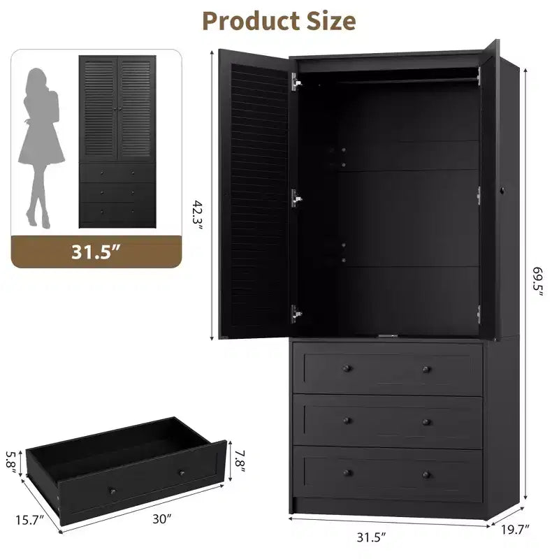Armoire de rangement avec tiroirs, armoire en bois de 176,5 cm avec tringle de suspension, placard de rangement à 2 portes pour chambre à coucher