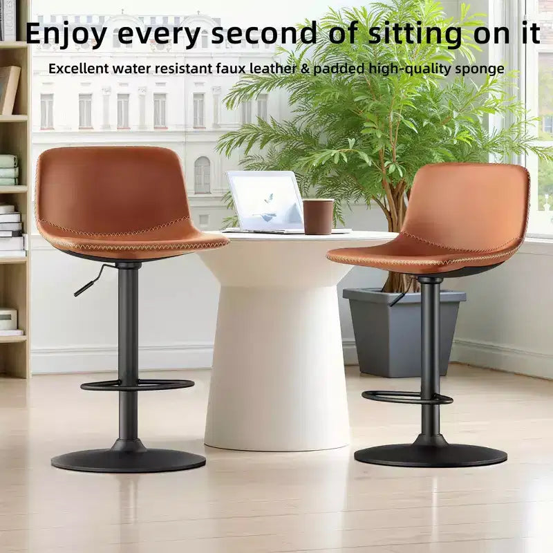 Lot de 2 tabourets de bar pivotants réglables, chaises de comptoir industrielles en cuir PU de style Mid-Century pour îlot de cuisine