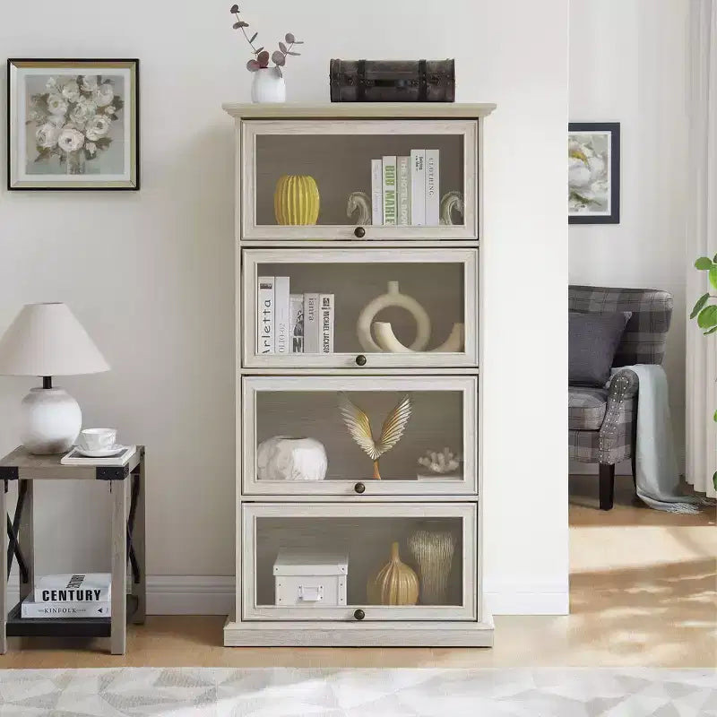 Vitrine en verre à 4 niveaux de 160 cm, meuble de collection en MDF blanc et verre trempé (portes relevables pour objets de collection/jouets/livres)