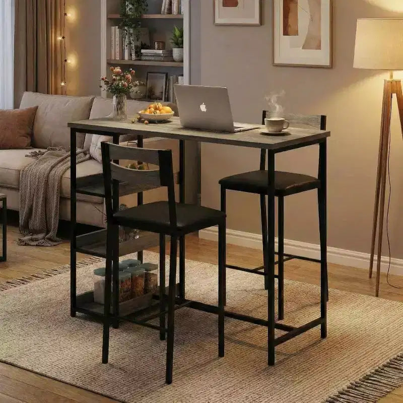Ensemble de table de cuisine 3 pièces avec étagères de rangement et 2 chaises rembourrées - Table à manger en fer et bois pour petits espaces, appartements, copropriétés