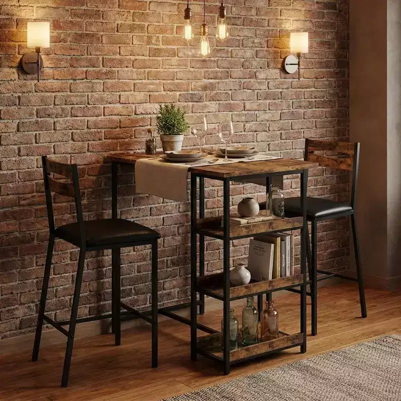 Ensemble de table de cuisine 3 pièces avec étagères de rangement et 2 chaises rembourrées - Table à manger en fer et bois pour petits espaces, appartements, copropriétés