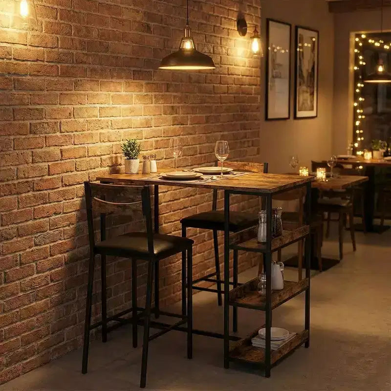 Ensemble de table de cuisine 3 pièces avec étagères de rangement et 2 chaises rembourrées - Table à manger en fer et bois pour petits espaces, appartements, copropriétés